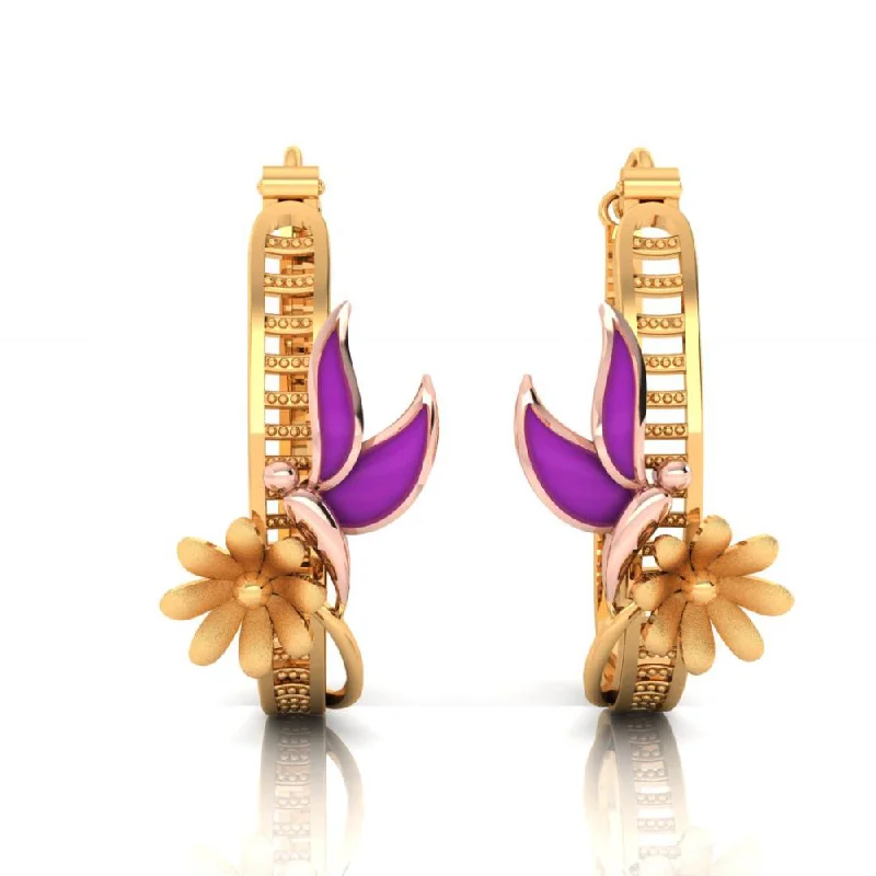 18k Elegant Gold Earrings With Butterfly On Top Of A Flower Design