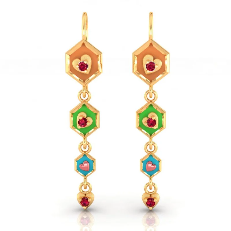 18k Gold Earrings With Hexagonal Shapes And A Heart Drop