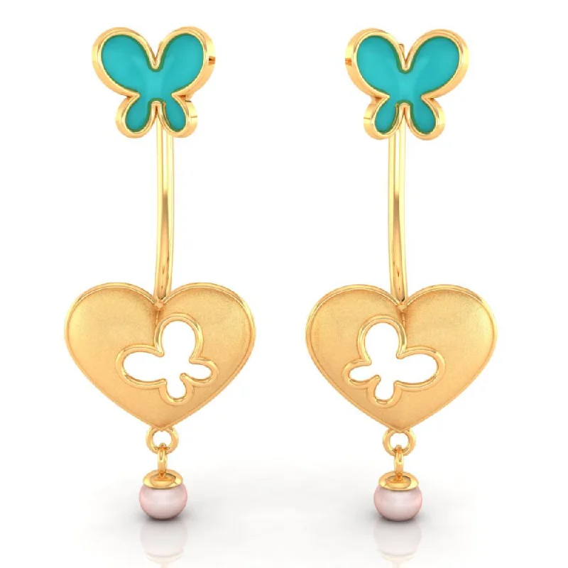 18k Heart-shaped Dangler Gold Earrings With Butterflies And Pearl Drop