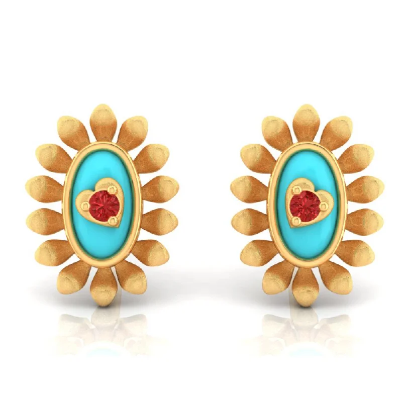 18k Sunflower Designed Gold Earrings With A Heart In The Center