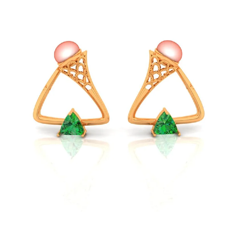 18k Triangle Gold Earrings With A Shiny Green Stone