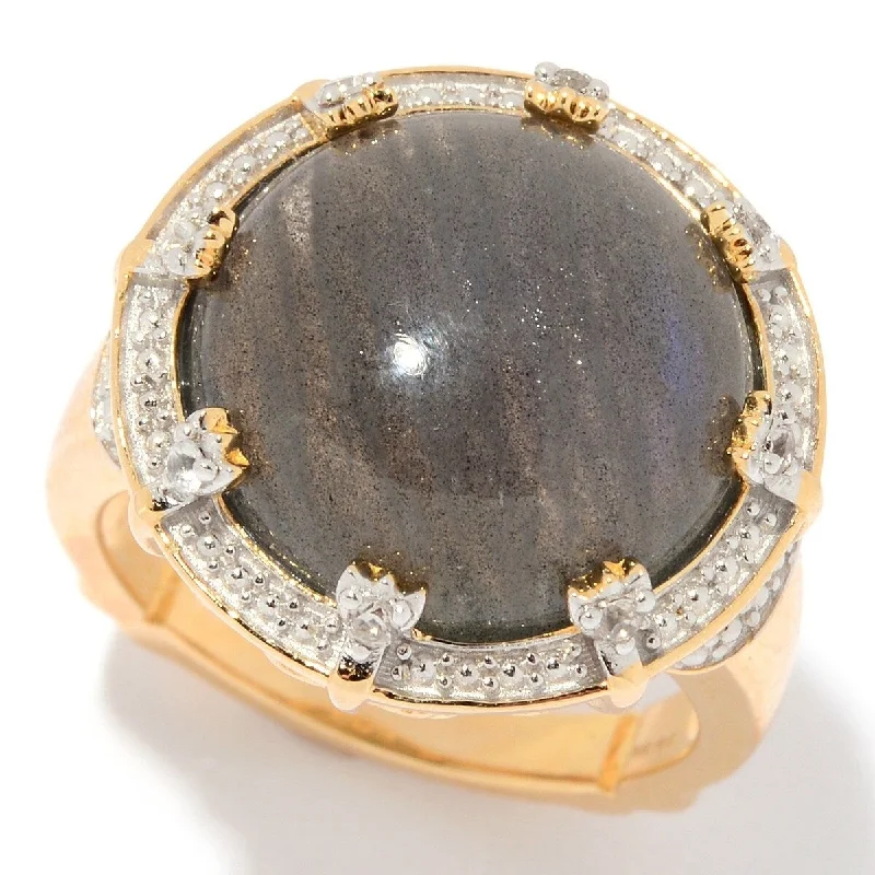 18K Yellow Vermeil Over Sterling Silver Round Cut Labradorite and White Zircon Ring