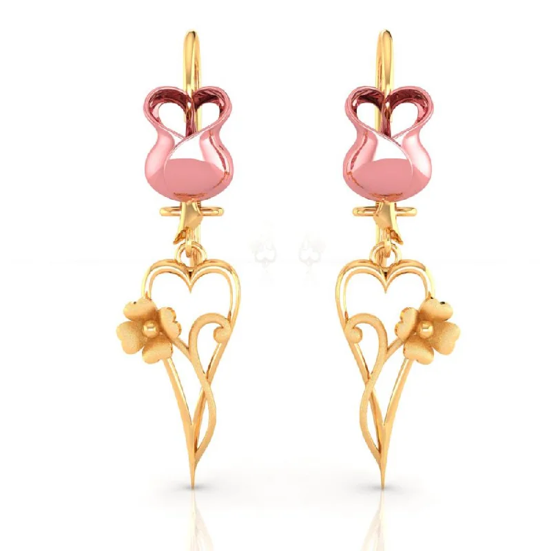 18k Yellow With Heart And Flower Designed Gold Earrings