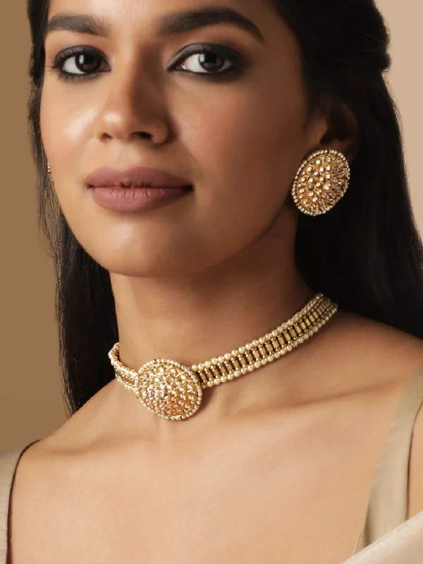 Rubans 22K Mehndi Gold plated glistening Reverse AD Studded pearl beaded Choker Set