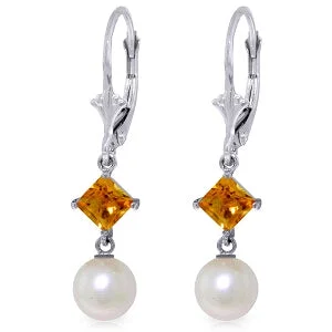 5 Carat 14K Solid White Gold Compelling Citrine Pearl Earrings