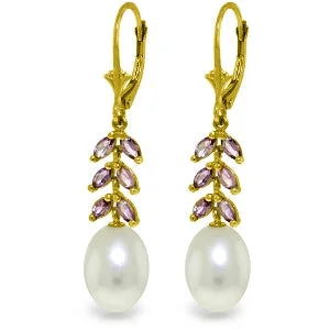 9.2 Carat 14K Solid Yellow Gold Fern Amethyst Pearl Earrings