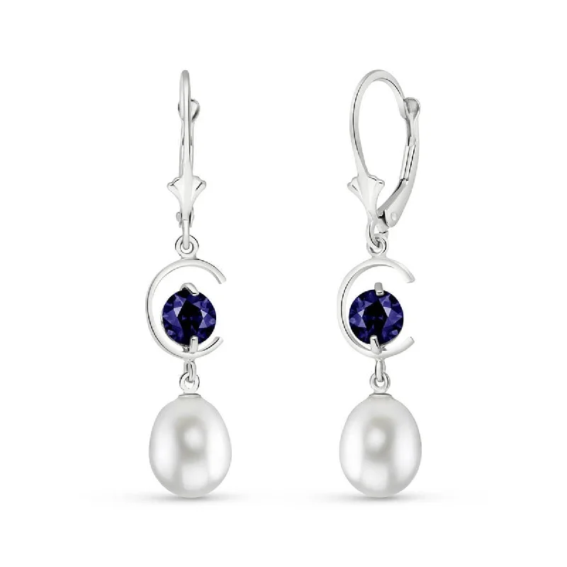 9 Carat 14K Solid White Gold Getting Along Sapphire Pearl Earrings