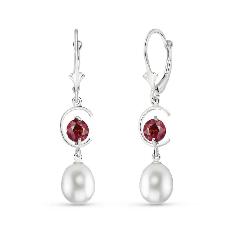 9 Carat 14K Solid White Gold Sole Soul Garnet Pearl Earrings