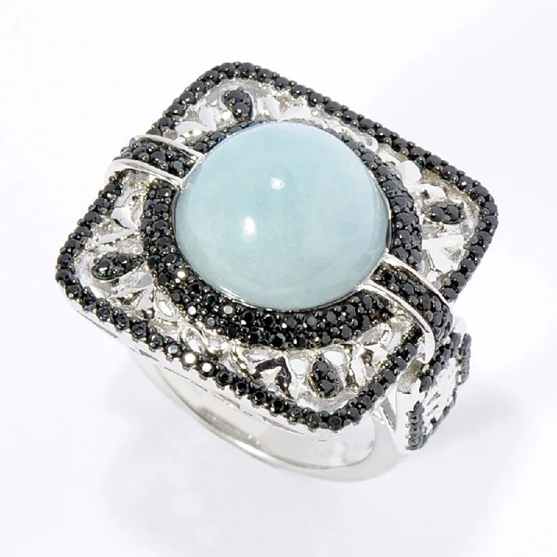 925 Sterling Silver Black Spinel and Milky Aquamarine Ring