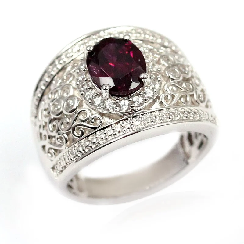 925 Sterling Silver Rhodolite Garnet and White Zircon Gemstone Band Ring