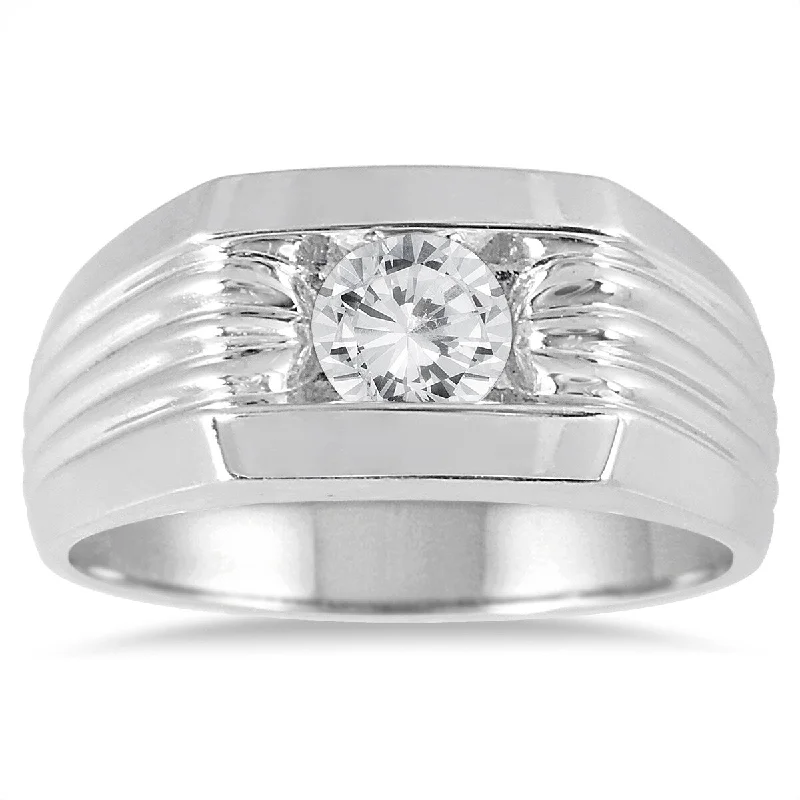 AGS Certified 3/4 Carat Men's Diamond Solitaire Ring in 10K White Gold (I-J Color, I2-I3 Clarity)