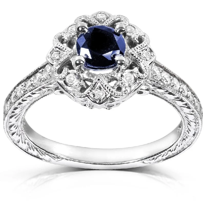 Annello by Kobelli 14k White Gold Round-cut Blue Sapphire and Diamond Vintage Engagement Ring