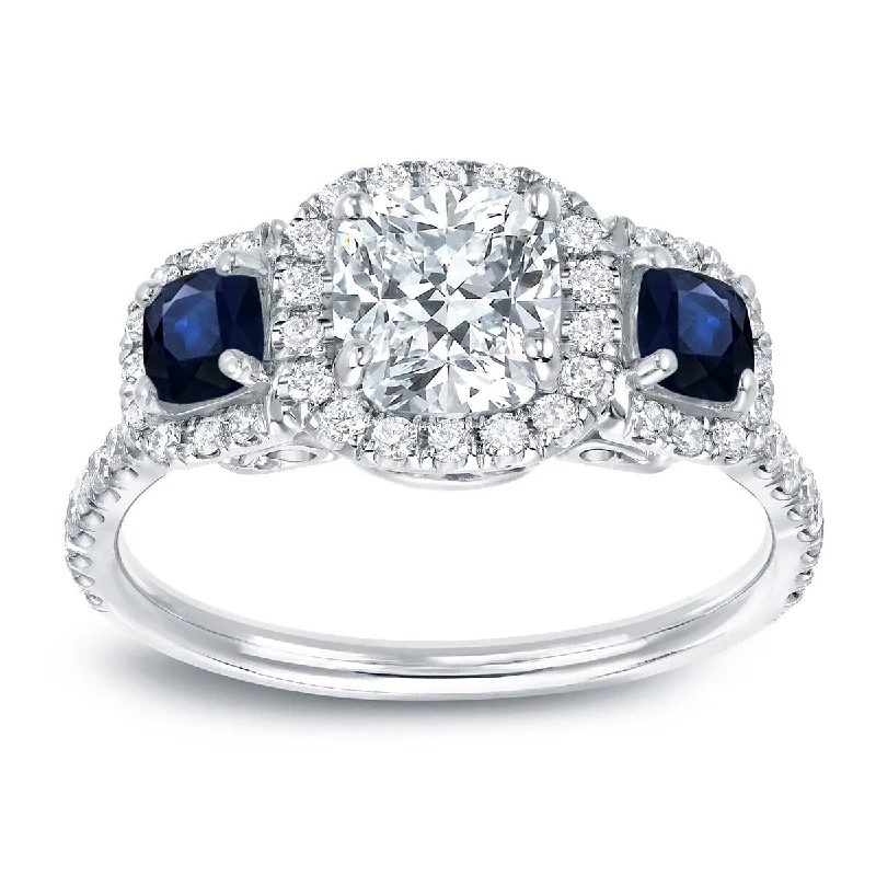 Auriya 14k Gold 1 1/2ctw Cushion-cut 3-Stone Diamond and Sapphire Engagement Ring (H-I, VS1-VS2)