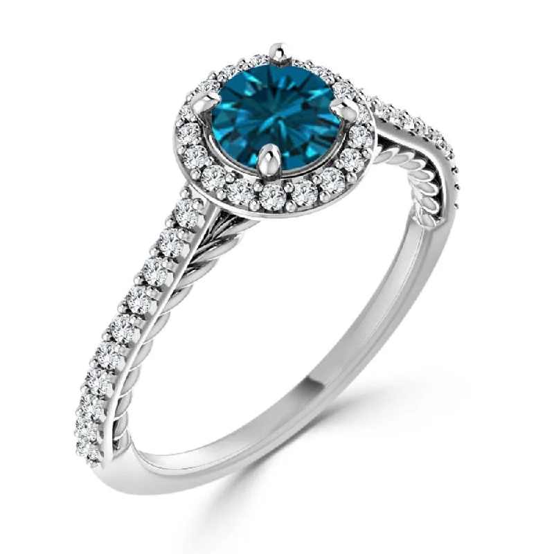 Auriya 3/4ctw Rope Style Halo Blue Diamond Engagement Ring 10k Gold