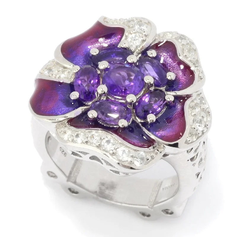 Dallas Prince Sterling Silver Gemstone & White Zircon Enamel Flower Ring.