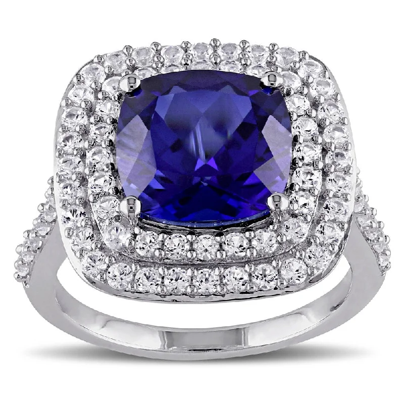 Miadora Sterling Silver Created Blue and White Sapphire Double Halo Cocktail Ring