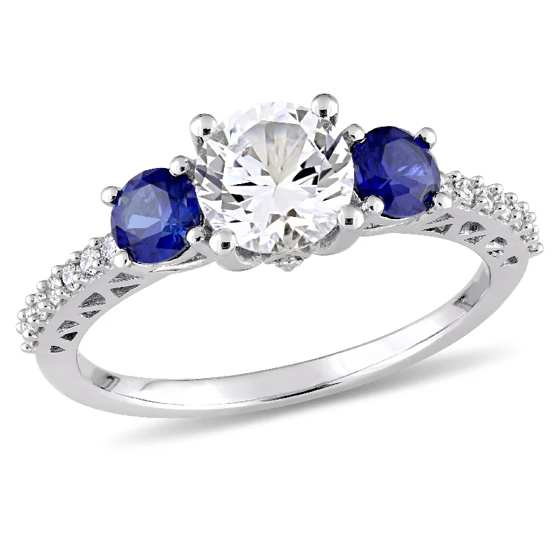 Mimi & Max 2ct TGW Created White and Blue Sapphire and 1/7ct TDW Diamond 3-Stone Engagement Ring in 10k White Gold