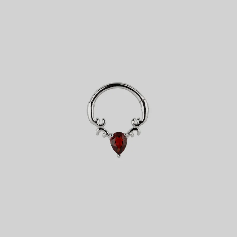 RELISH. Garnet Drop Septum Clicker Ring - Silver