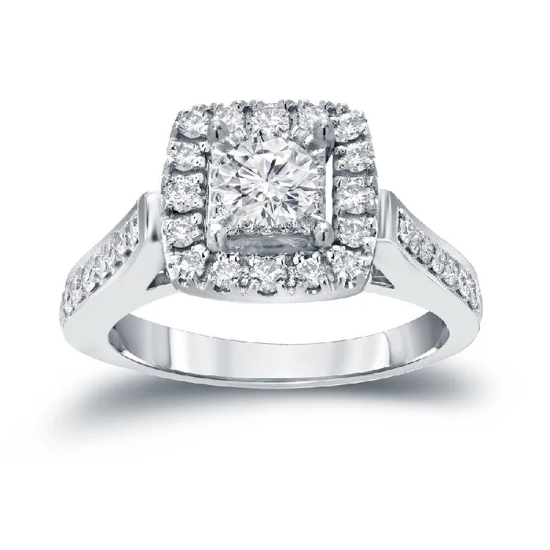 Round 7/8ct TDW Diamond Halo Engagement Ring in 14k Gold by Auriya (H-I, I1-I2)