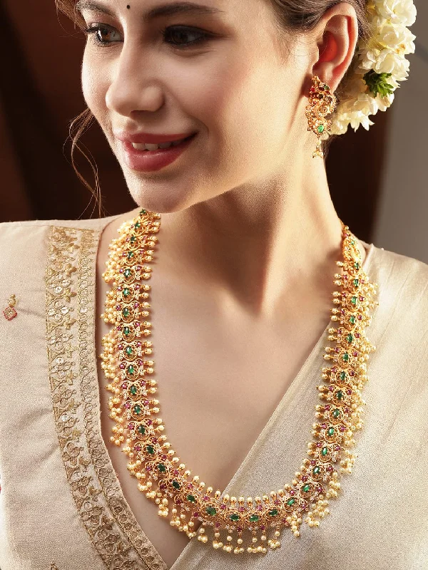 Rubans 22K Gold-Plated Kemp & Zirconia Crystal Studded Handcrafted Pearl Beaded Necklace Set