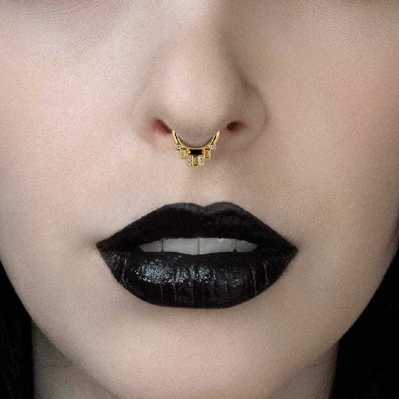 STATELY. Deco Black Spinel Septum Clicker Ring - Gold