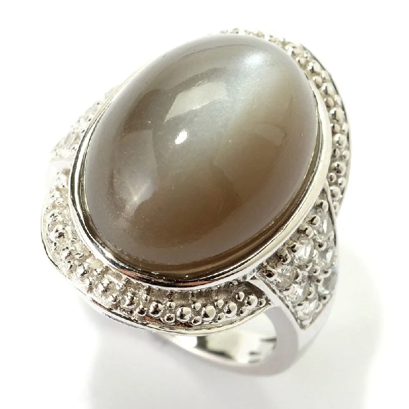 Sterling Silver Oval Green Moonstone and White Topaz Ring