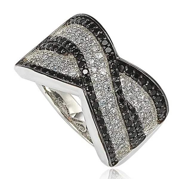 Suzy Levian Sterling Silver Black Cubic Zirconia Micro Pave Crossover 'X' Ring