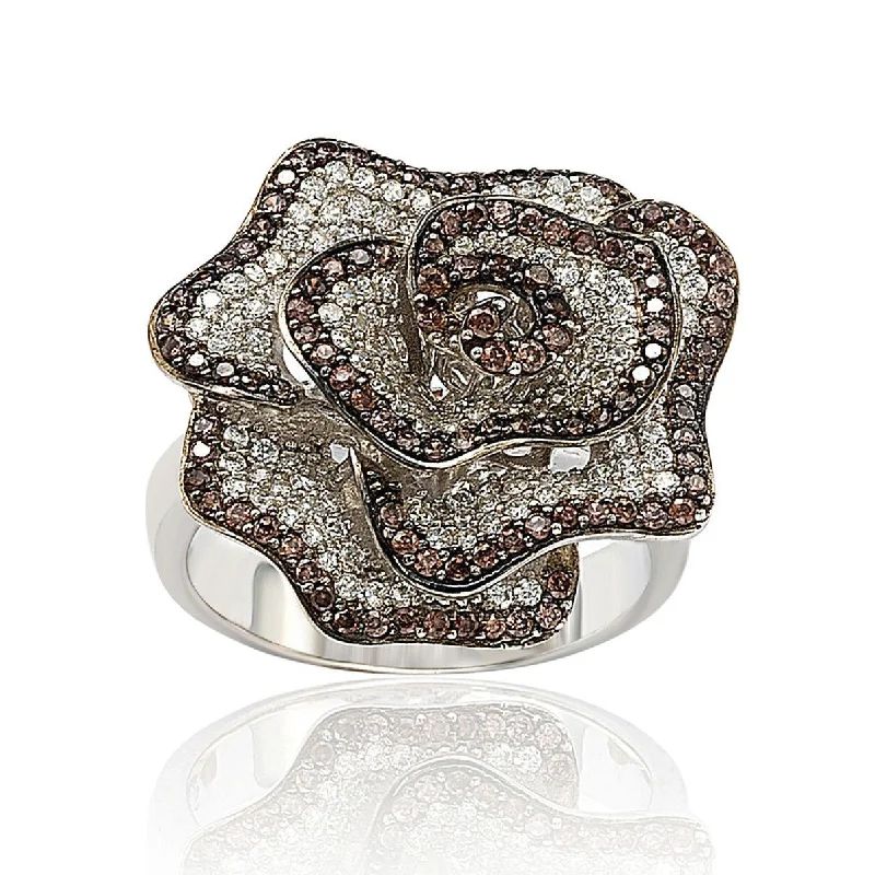 Suzy Levian Sterling Silver Brown and White Cubic Zirconia Pave Flower Ring