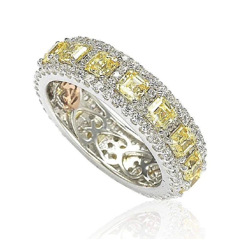 Suzy Levian Sterling Silver Cubic Zirconia Yellow and White Modern Eternity Band