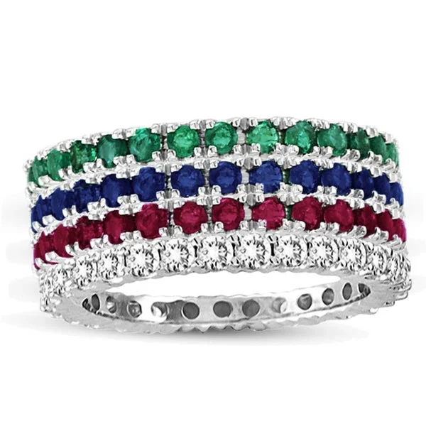 Suzy Levian White Gold Ruby Emerald Diamond Sapphire 4-Piece Eternity Band Ring Set