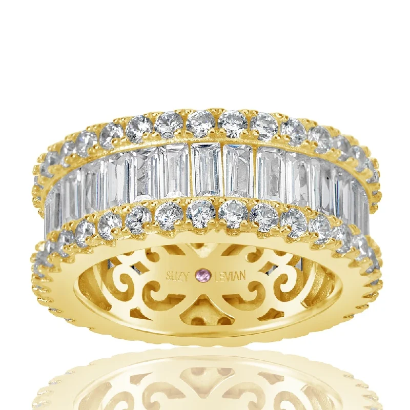 Suzy Levian Yellow Sterling Silver Cubic Zirconia White Baguette and Round Wide Eternity Band