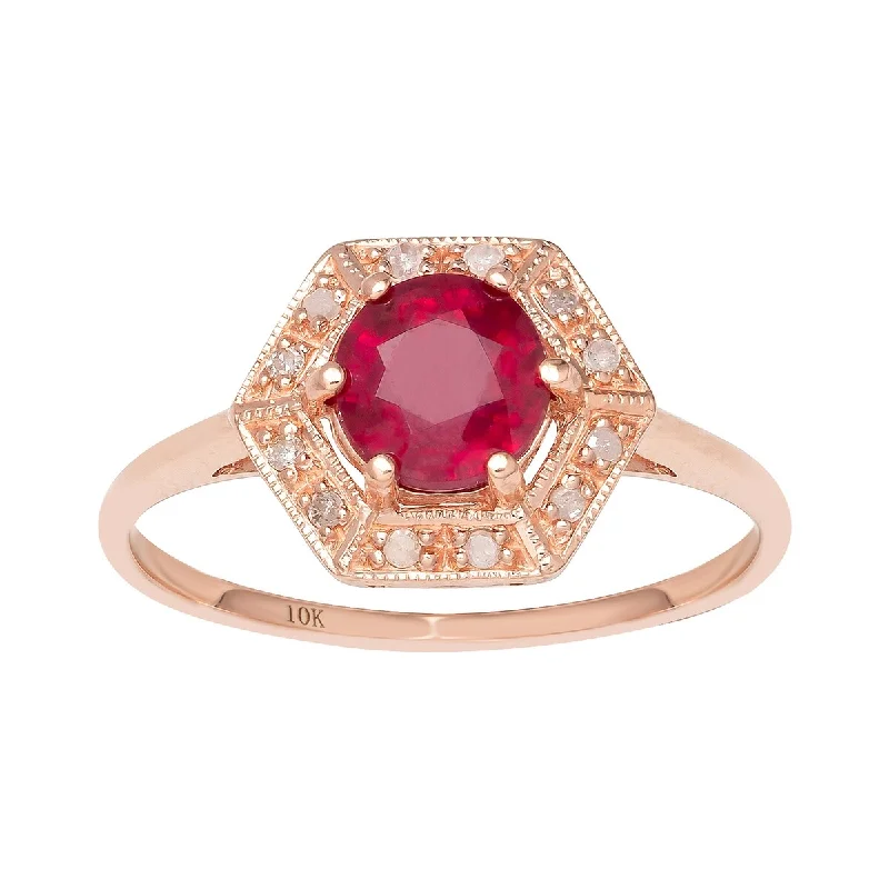 Viducci 10k Rose Gold Vintage Style Genuine Round Ruby and Diamond Halo Ring