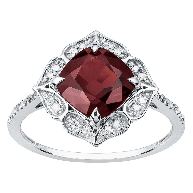 Viducci 10k White Gold Vintage Style Cushion Garnet and Diamond Ring