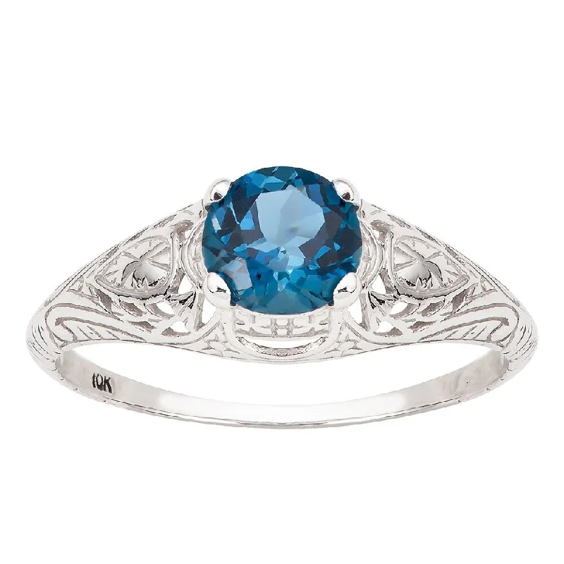 Viducci 10k White Gold Vintage Style London Blue Topaz Scroll Ring