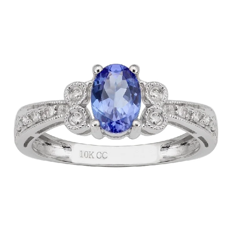 Viducci 10k White Gold Vintage Style Oval Tanzanite and Diamond Ring