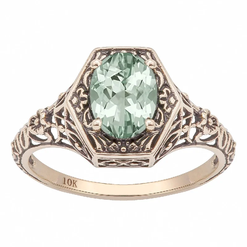 Viducci 10k Yellow Gold Vintage Style Genuine Oval Green Amethyst Ring