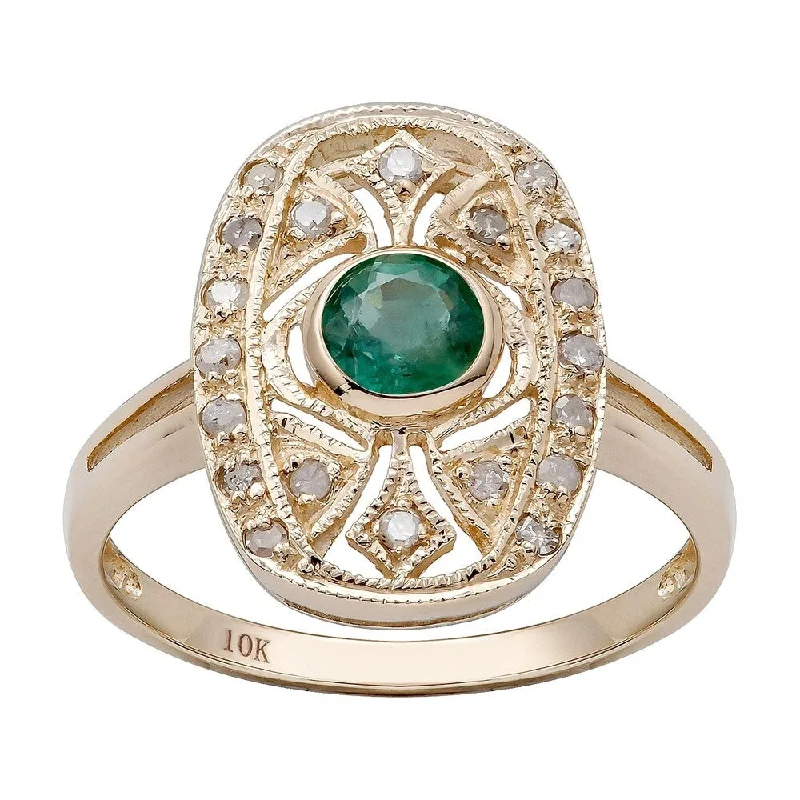 Viducci 10k Yellow Gold Vintage Style Genuine Round Emerald and Diamond Ring