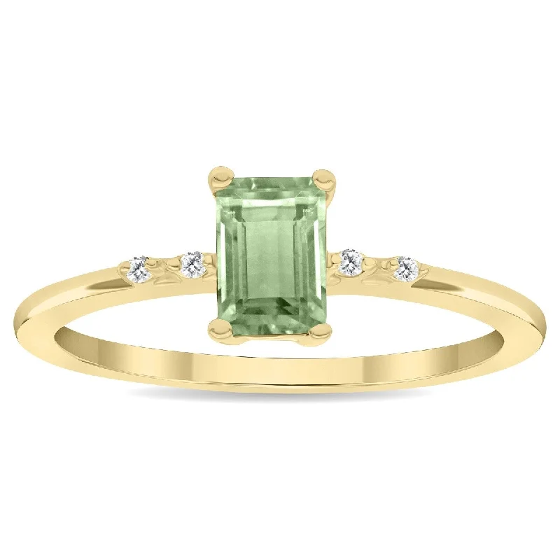 Women's Emerald Cut Green Amethyst and Diamond Sparkle Ring in 10K Yellow Gold