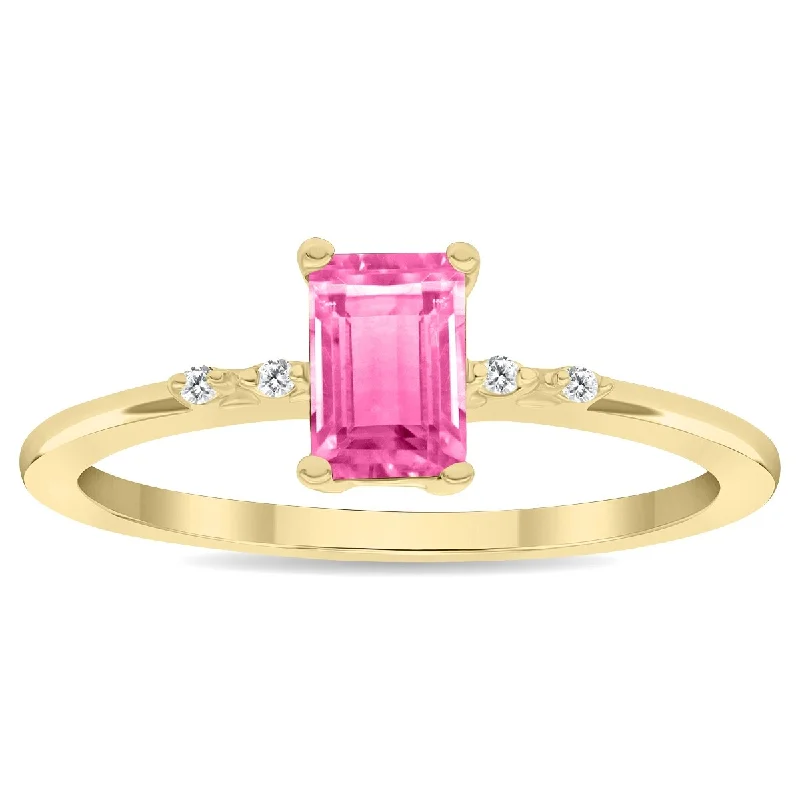 Women's Emerald Cut Pink Topaz and Diamond Sparkle Ring in 10K Yellow Gold