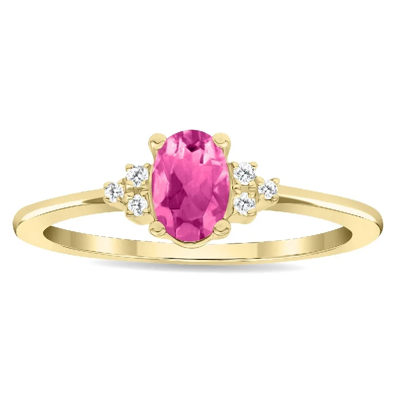 Women's Oval Shaped Pink Topaz and Diamond Half Moon Ring in 10K Yellow Gold