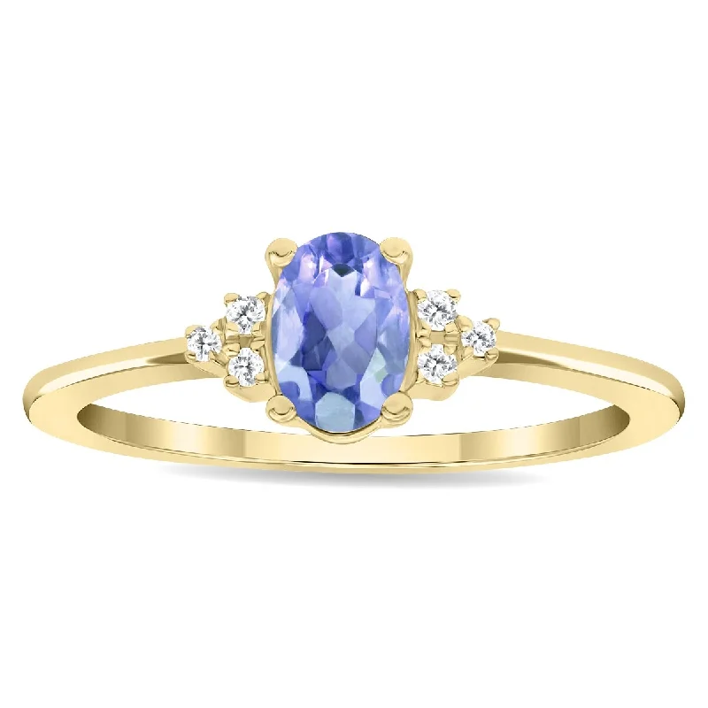 Women's Oval Shaped Tanzanite and Diamond Half Moon Ring in 10K Yellow Gold