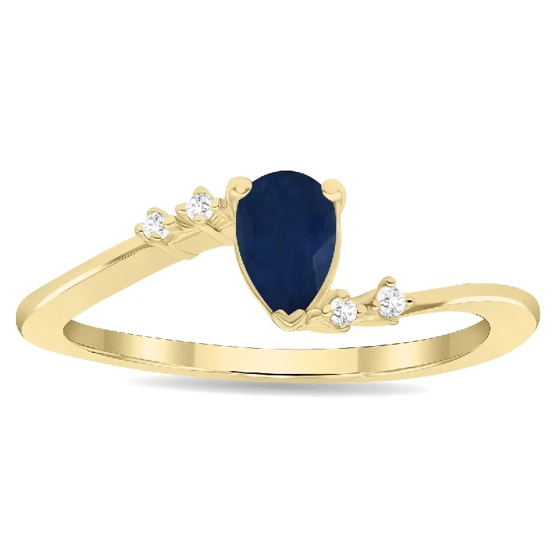 Women's Pear Shaped Sapphire and Diamond Wave Ring in 10K Yellow Gold