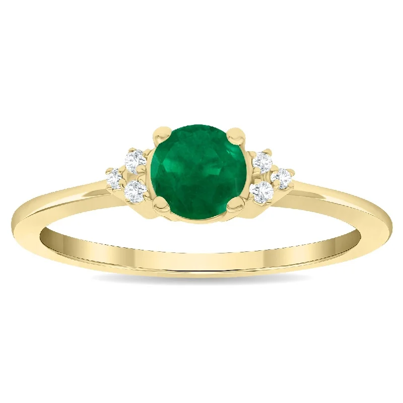 Women's Round Shaped Emerald and Diamond Half Moon Ring in 10K Yellow Gold