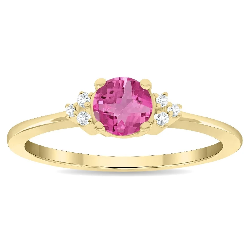 Women's Round Shaped Pink Topaz and Diamond Half Moon Ring in 10K Yellow Gold