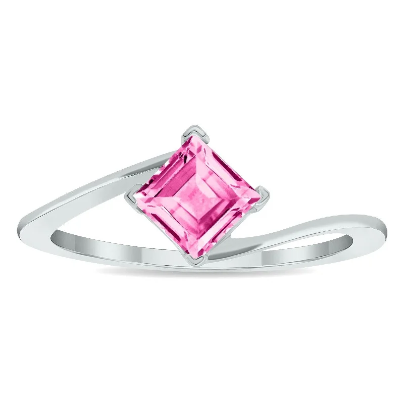 Women's Solitaire Pink Topaz Wave Ring in 10K White Gold