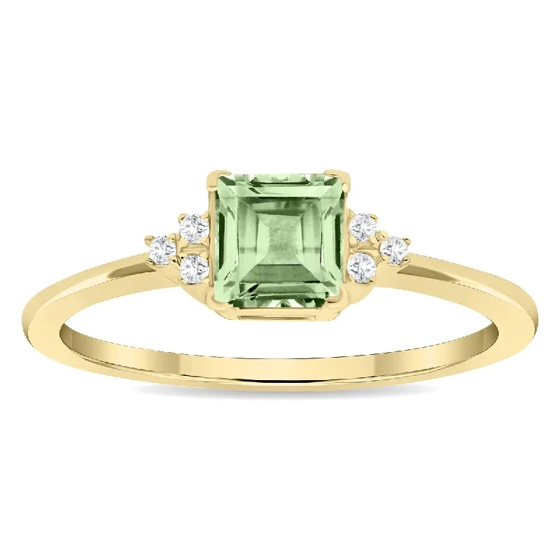 Women's Square Shaped Green Amethyst and Diamond Half Moon Ring in 10K Yellow Gold