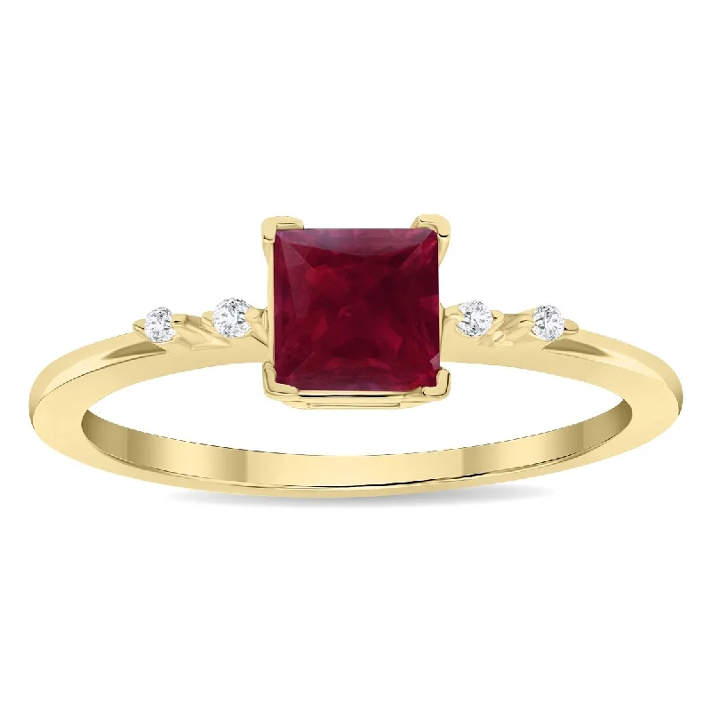 Women's Square Shaped Ruby and Diamond Sparkle Ring in 10K Yellow Gold