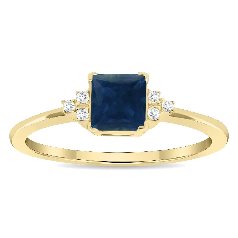 Women's Square Shaped Sapphire and Diamond Half Moon Ring in 10K Yellow Gold