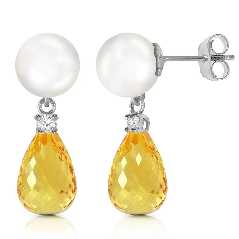 14K Solid Gold Stud Gemstone Earrings with Diamonds, Citrine & Pearl