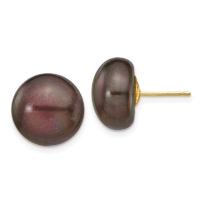 14k Yellow Gold Black Button Cultured Pearl Stud Earrings (L-12 mm, W-13 mm)